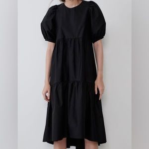 Zara poplin black puffy balloons sleeves midi dress